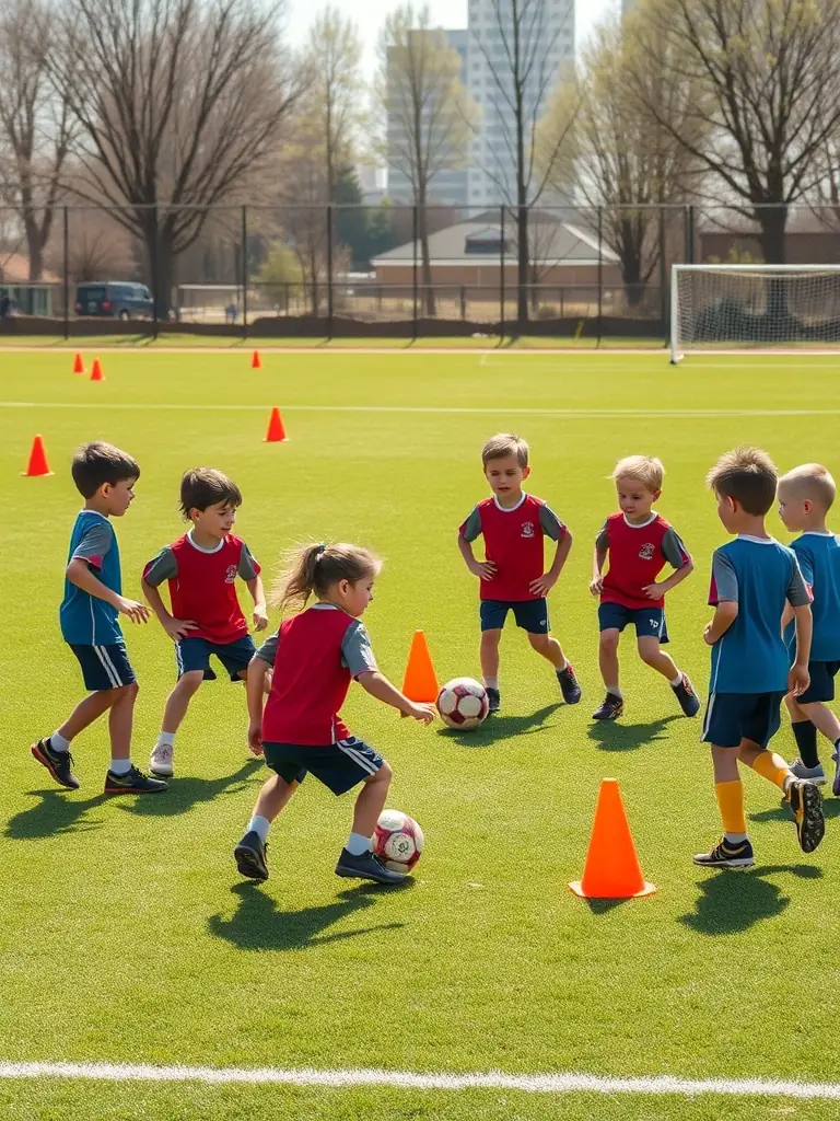 A vibrant image capturing young players participating in a football training session, showcasing their enthusiasm and teamwork under the guidance of a coach at ASS SPORTIVE MONTENDRAISE FOOT.