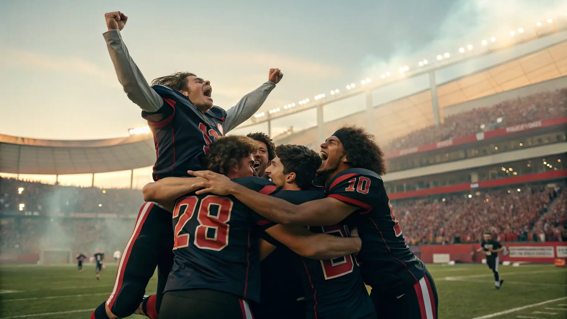 A team of young football players celebrating a victory with a trophy, set against the backdrop of the ASS SPORTIVE MONTENDRAISE FOOT stadium.