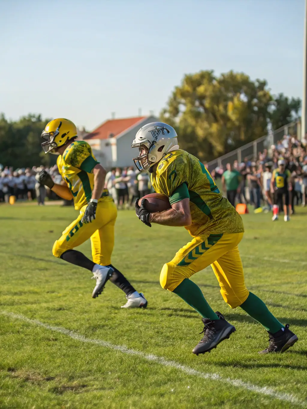 A photograph capturing the intensity and excitement of a competitive football match between two local teams, showcasing the speed, agility, and strategic play involved.