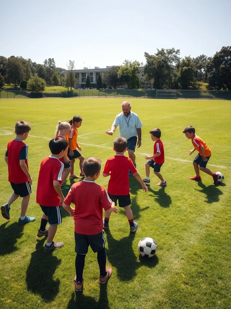 A dynamic image of young children participating in a football training session, focusing on fundamental skills like dribbling and passing, set against a backdrop of a sunny, green football field.
