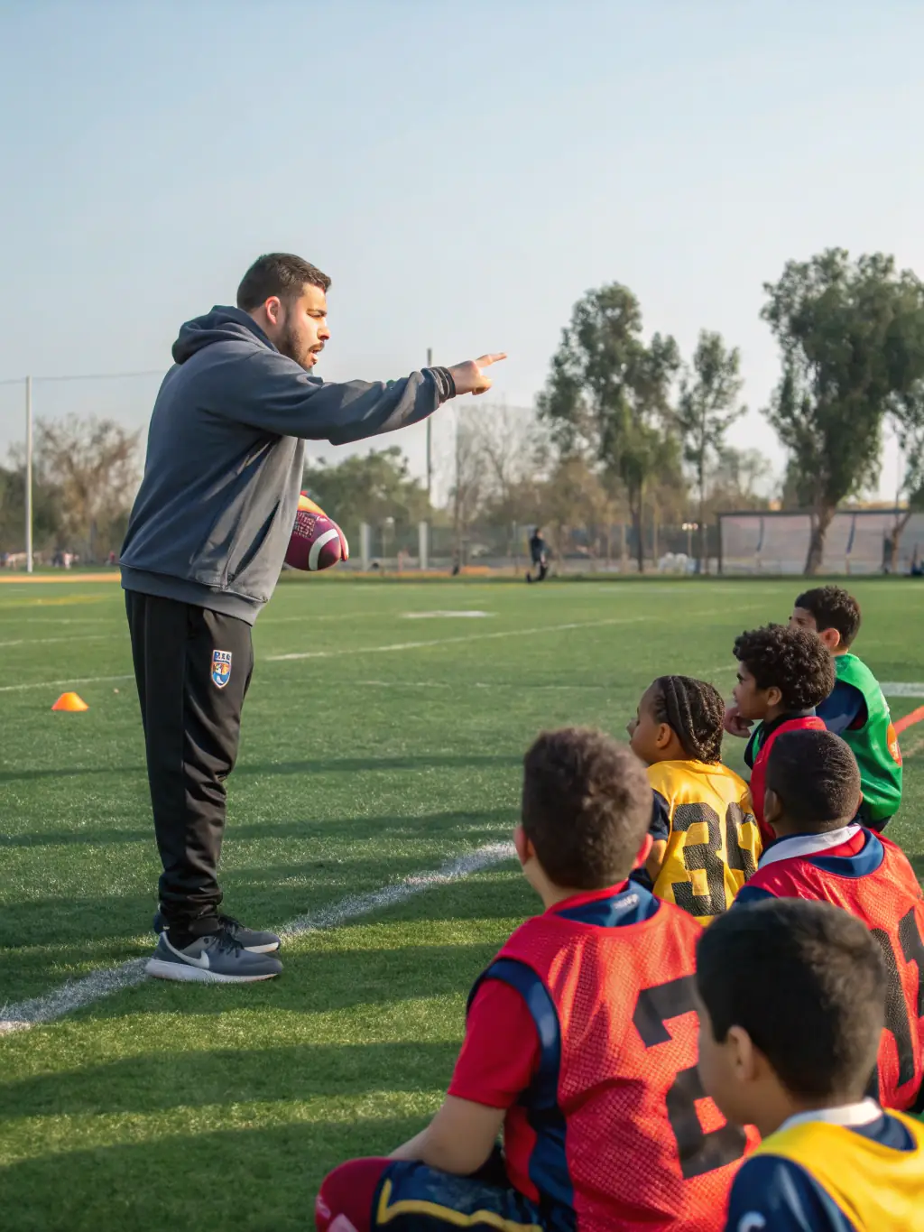 A motivational image of senior players mentoring younger athletes during a training session, emphasizing the importance of guidance, support, and skill transfer.