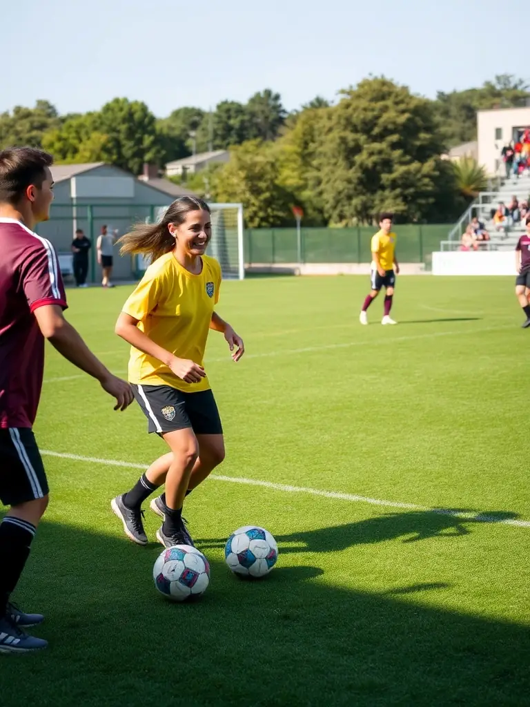 An inclusive image of adults of varying ages and fitness levels engaging in a recreational football game, highlighting the fun and social aspects of the sport.