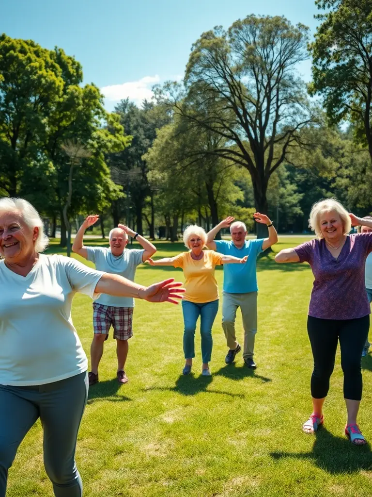 A group of senior citizens participating in a gentle physical activity session, emphasizing the inclusivity and health benefits of the organization's programs for all age groups.