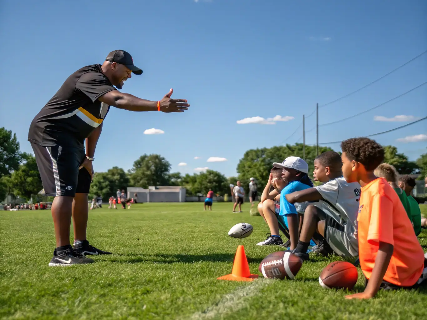 A coach guiding young players through a drill, demonstrating the discipline and structured training provided by ASS Sportive Montendraise Foot.