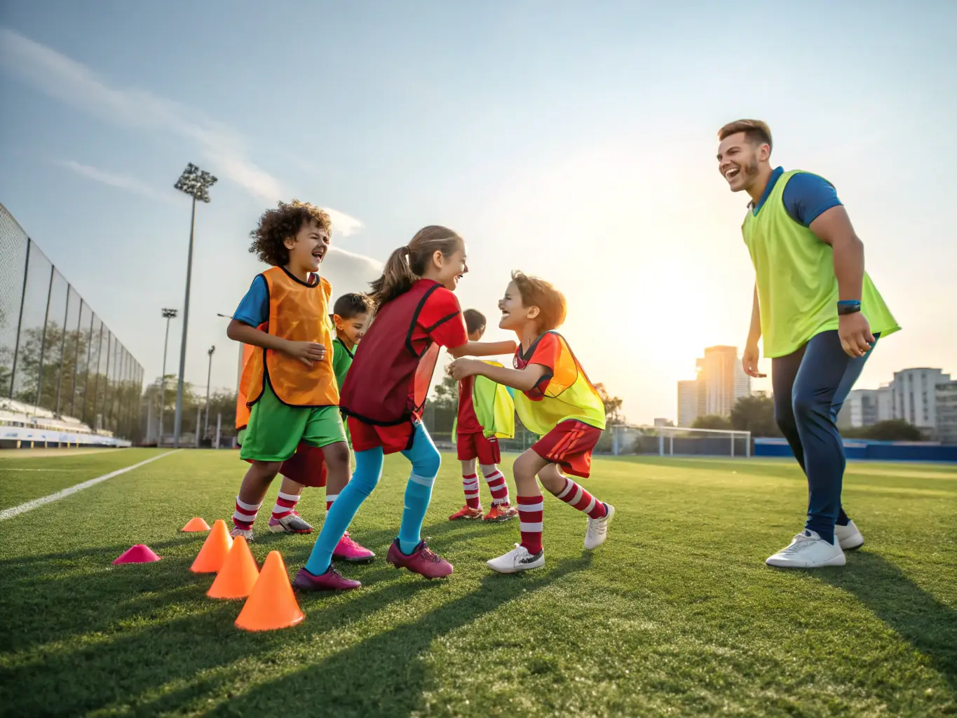 A vibrant image of young children participating in a football training session, showcasing their enthusiasm and teamwork under the guidance of a coach. The background includes the ASS SPORTIVE MONTENDRAISE FOOT training grounds.