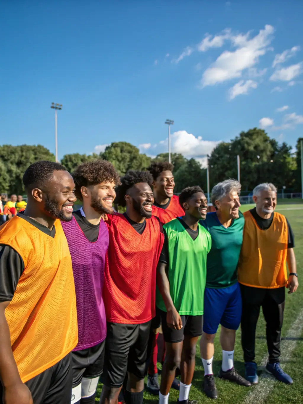 A diverse group of individuals participating in a community football event, highlighting the organization's commitment to social inclusion and community engagement through sports.